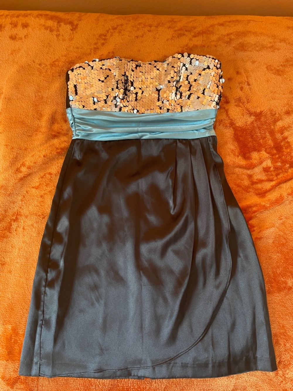 Speechless Strapless Sequin Bust Black Dress with Aqua Waist Sash
